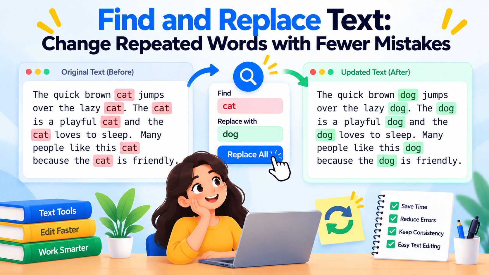 Find and Replace Text: Change Repeated Words with Fewer Mistakes — illustrated guide