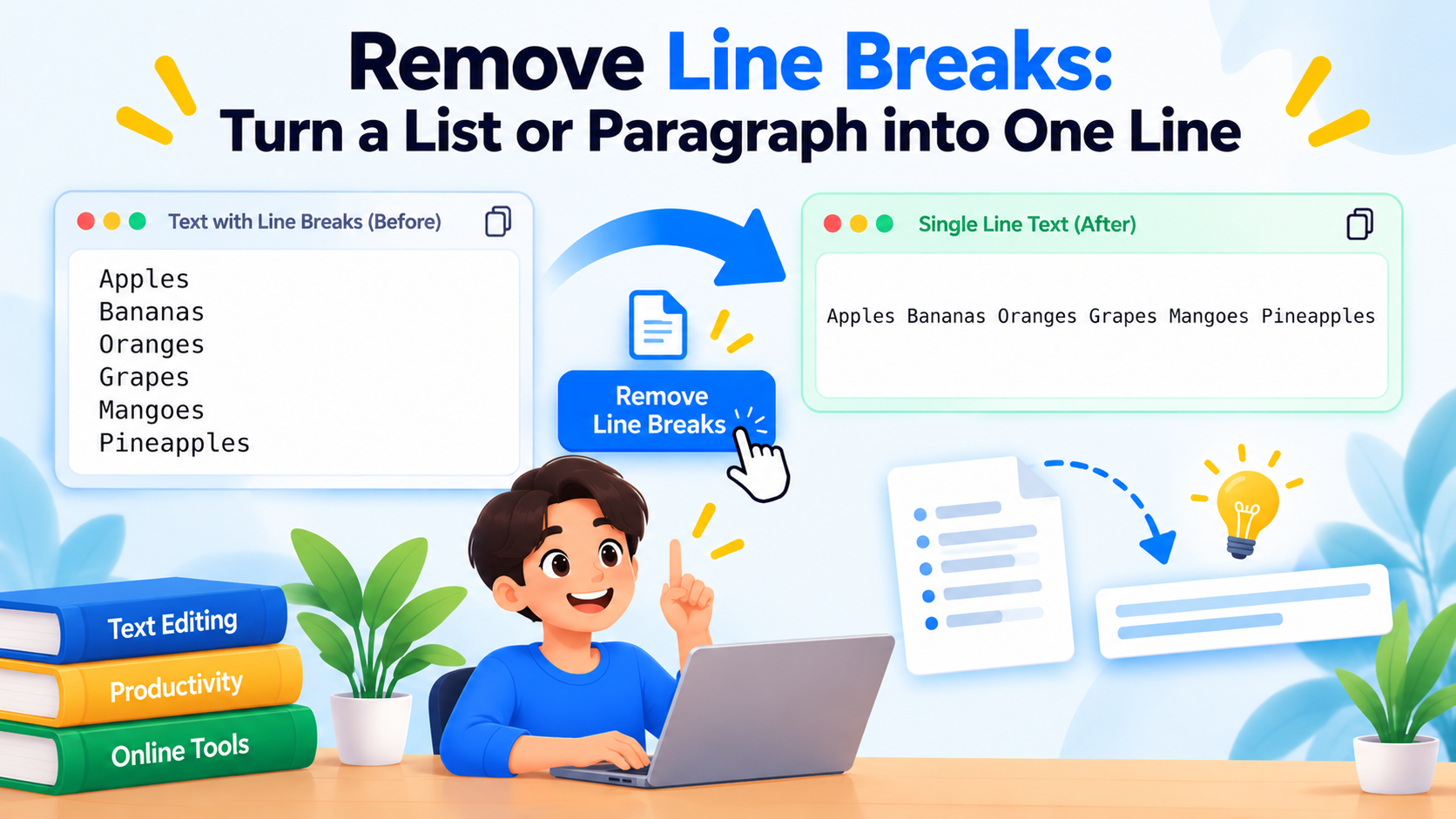 Remove Line Breaks: Turn a List or Paragraph into One Line — illustrated guide